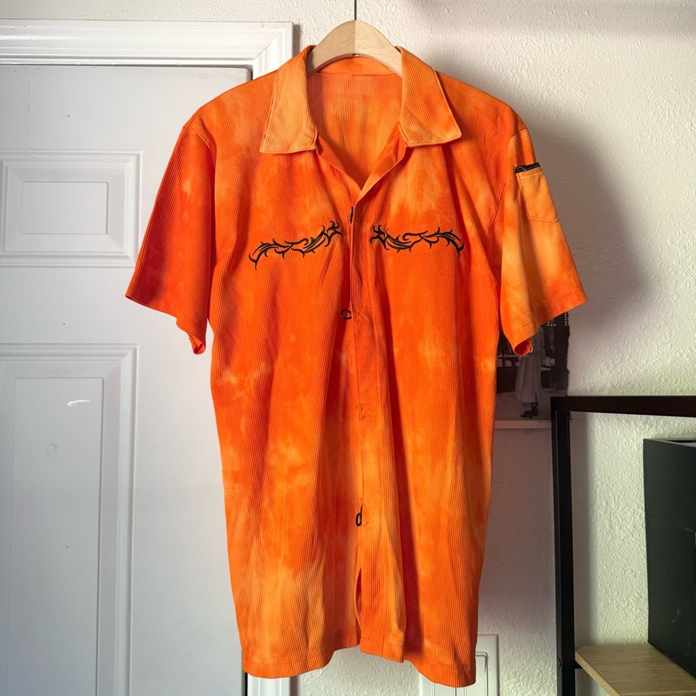 NO LABEL orange tie dye embroidery knit short sleeve y2k 90’s‎ shirt